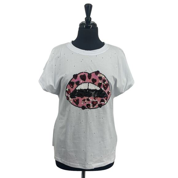 Balboa Tops - Balboa Women’s White Sequins Heart Lip Holes All Over Short Sleeve Tee T-shirt